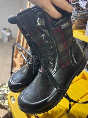 Bogs Men's Black with Dark Green and Burgundy Plaid Lace-Up Rain Boots